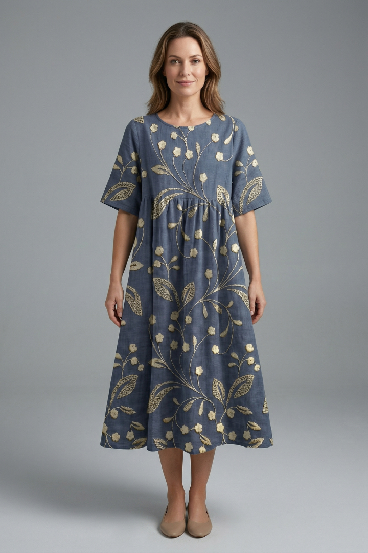 Women’s Midi Dress with Round Neck and Floral Print