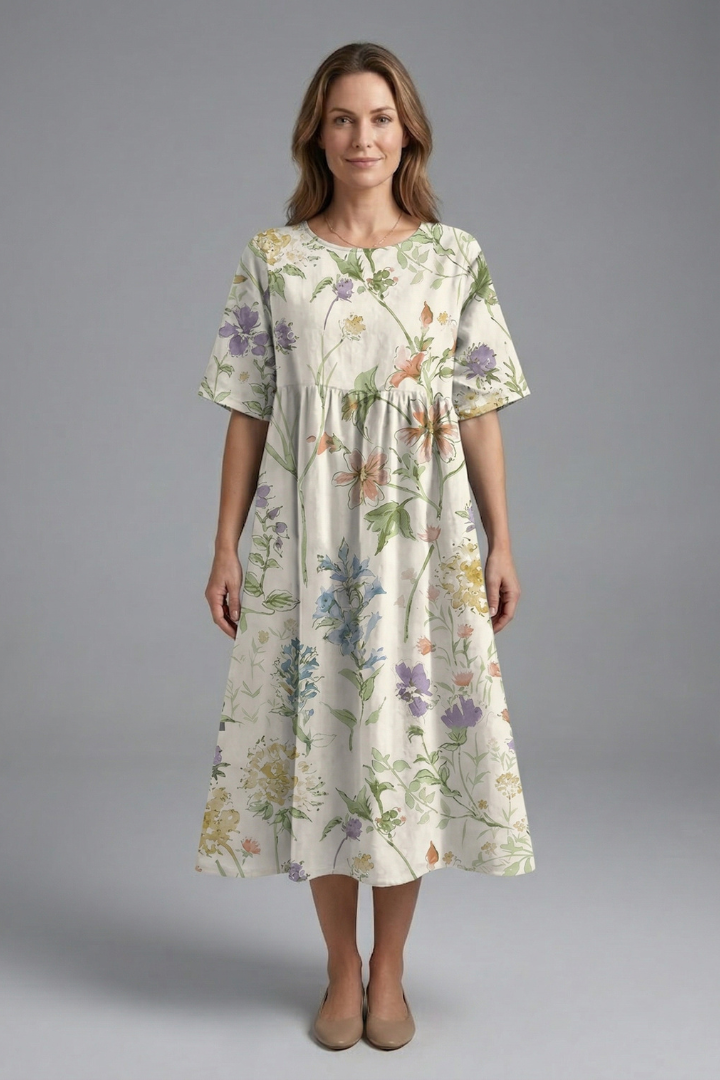 Women’s Midi Dress with Round Neck and Floral Print