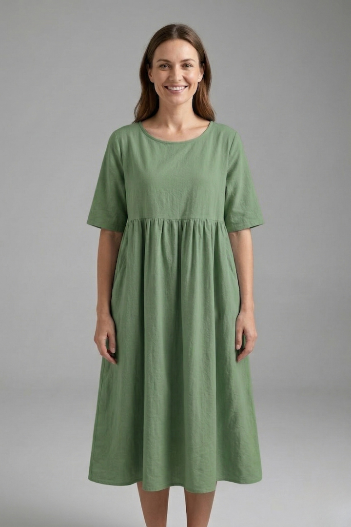 Women’s Midi Dress with Round Neck and Short Sleeves