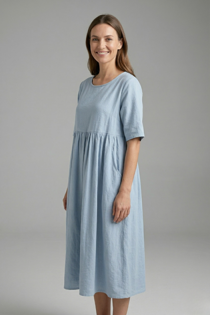 Women’s Midi Dress with Round Neck and Short Sleeves