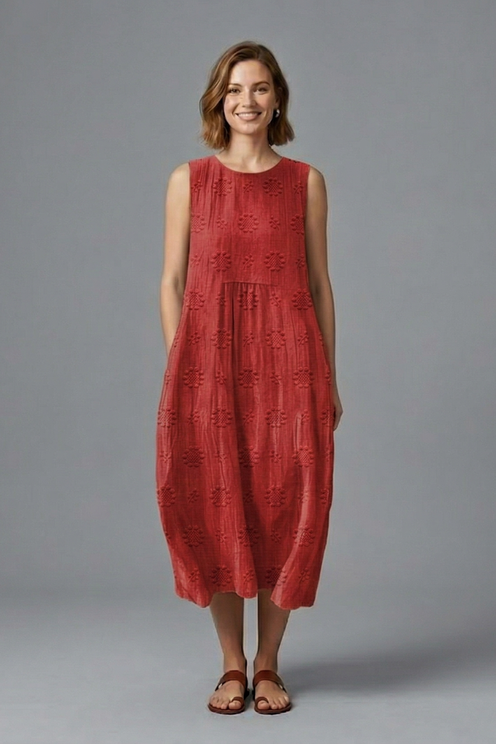 Women’s Midi Dress with Round Neck and Sleeveless Design
