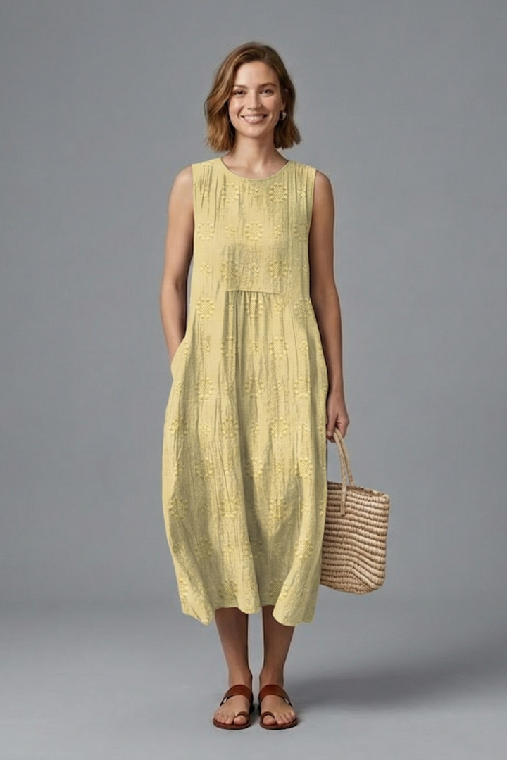 Women’s Midi Dress with Round Neck and Sleeveless Design