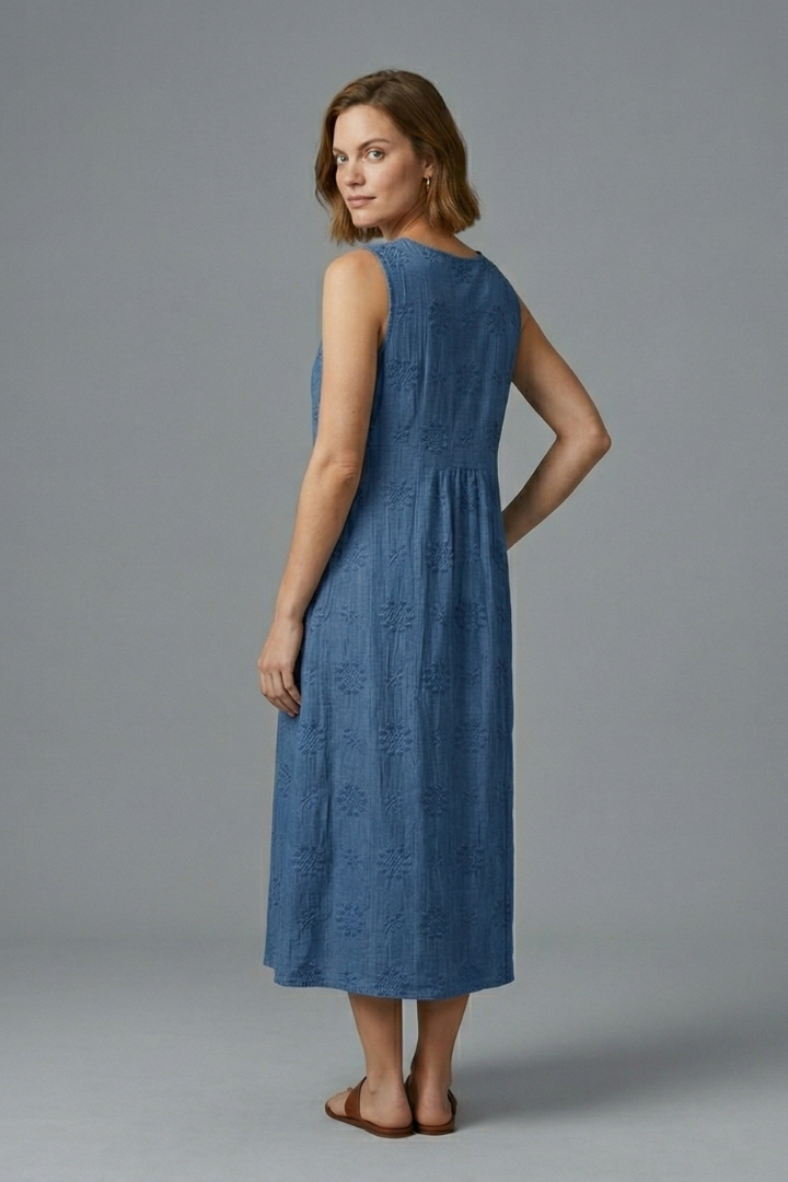 Women’s Midi Dress with Round Neck and Sleeveless Design