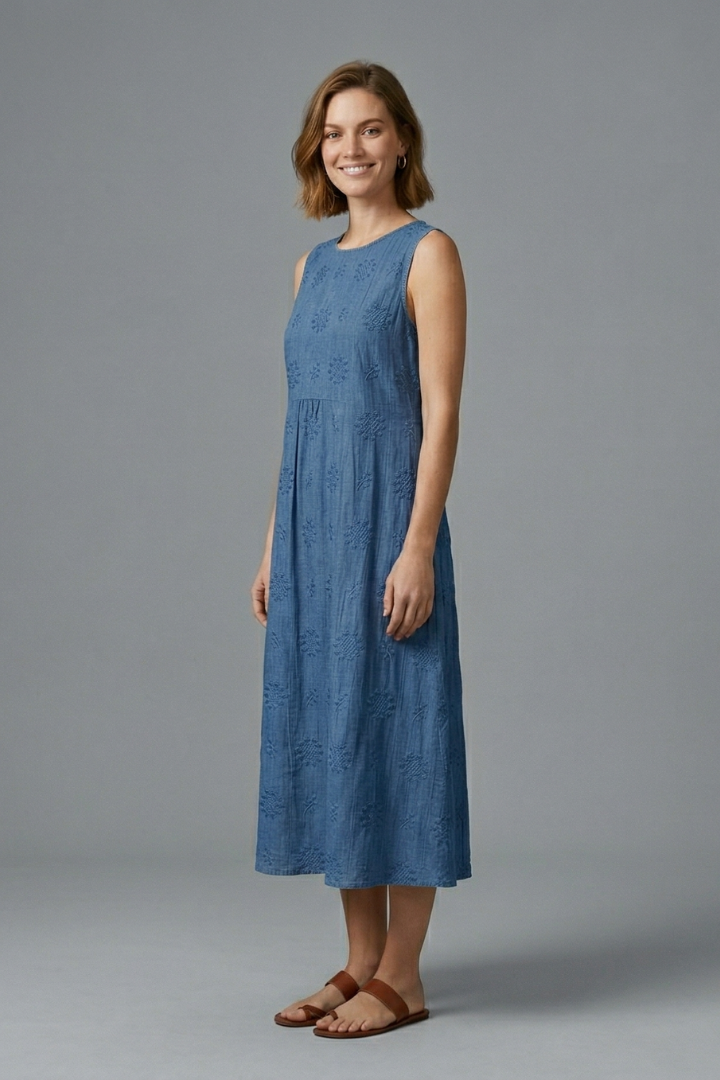 Women’s Midi Dress with Round Neck and Sleeveless Design