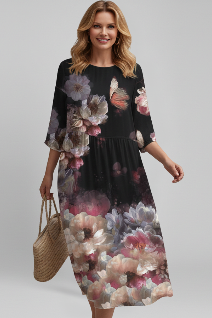Women’s Midi Dress with Round Neckline and Floral Pattern