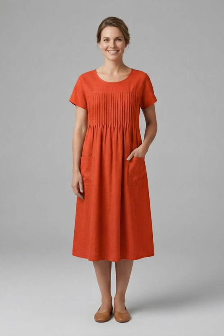Women’s Midi Dress with Short Sleeves and Side Pockets