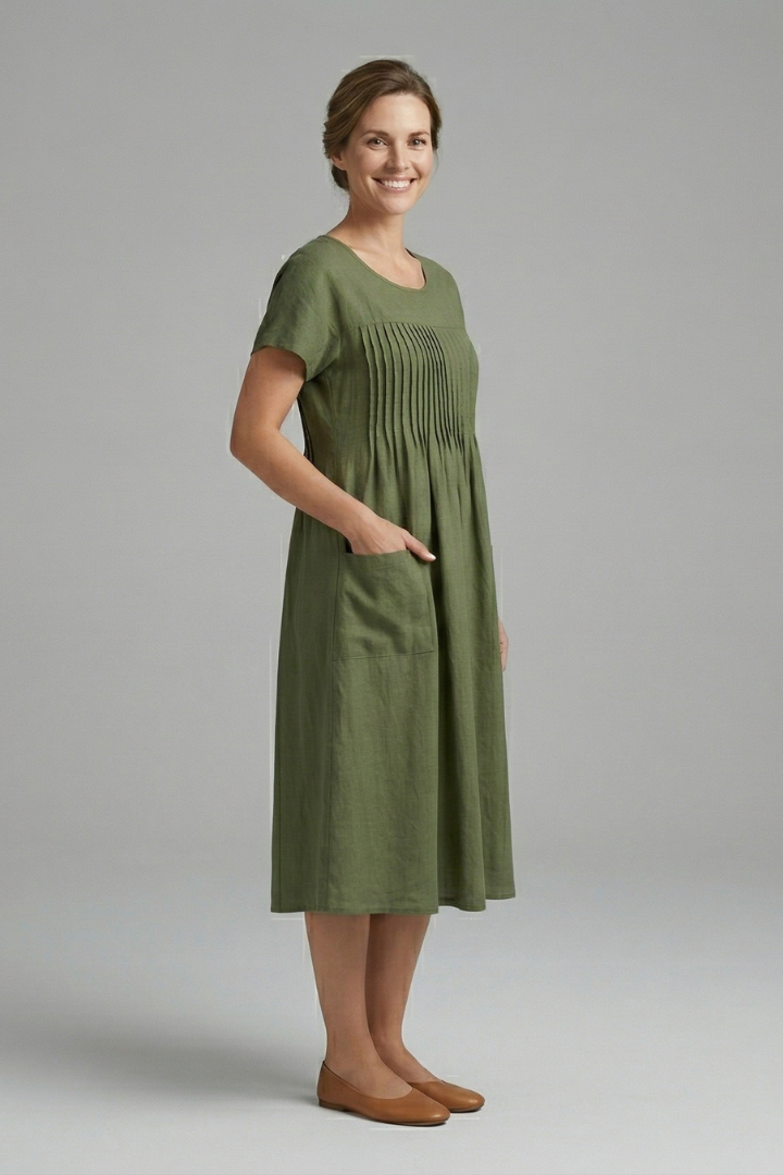 Women’s Midi Dress with Short Sleeves and Side Pockets