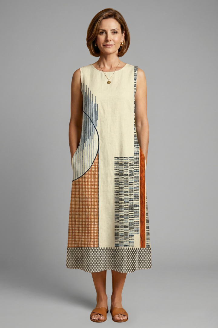 Women’s Midi Dress with Sleeveless Design and Geometric Print