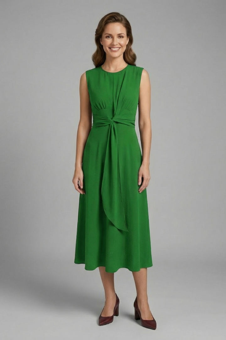 Women’s Midi Dress with Sleeveless Design and Round Neckline