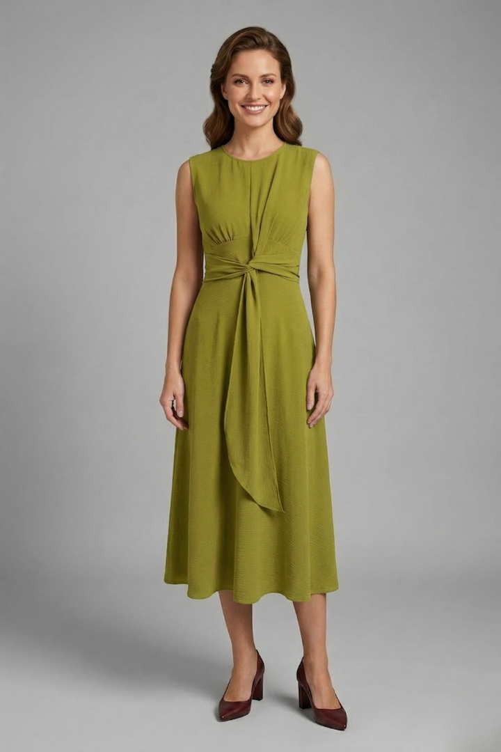 Women’s Midi Dress with Sleeveless Design and Round Neckline