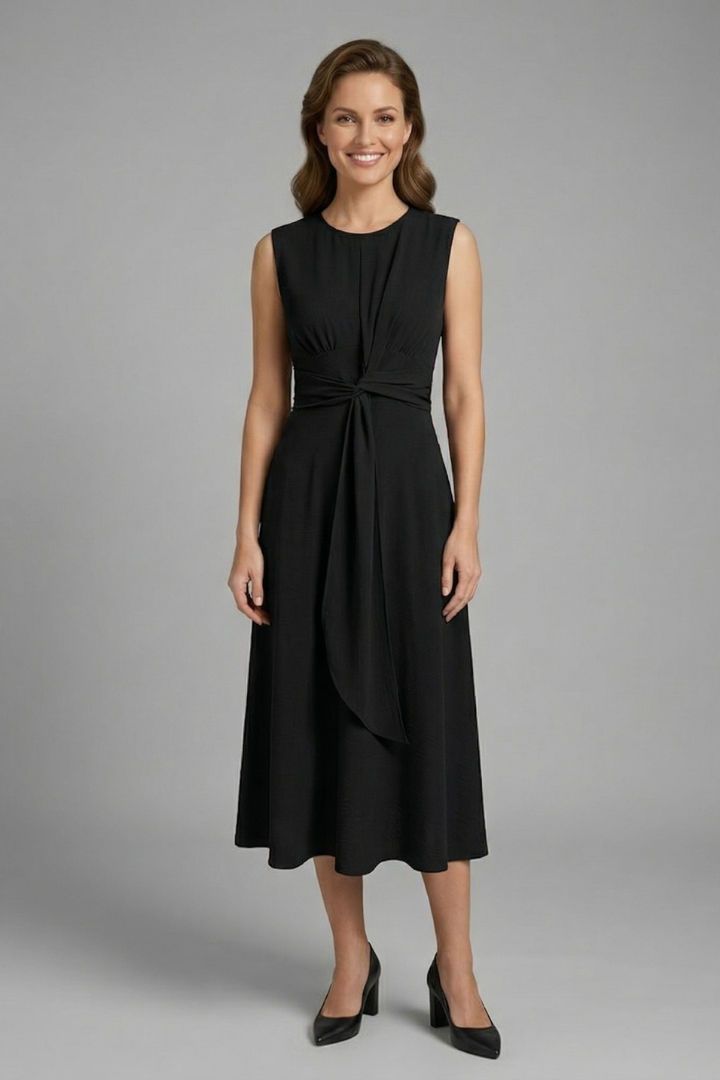 Women’s Midi Dress with Sleeveless Design and Round Neckline