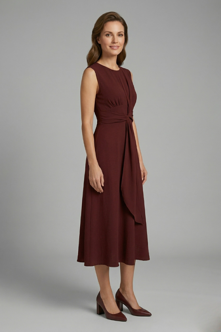 Women’s Midi Dress with Sleeveless Design and Round Neckline