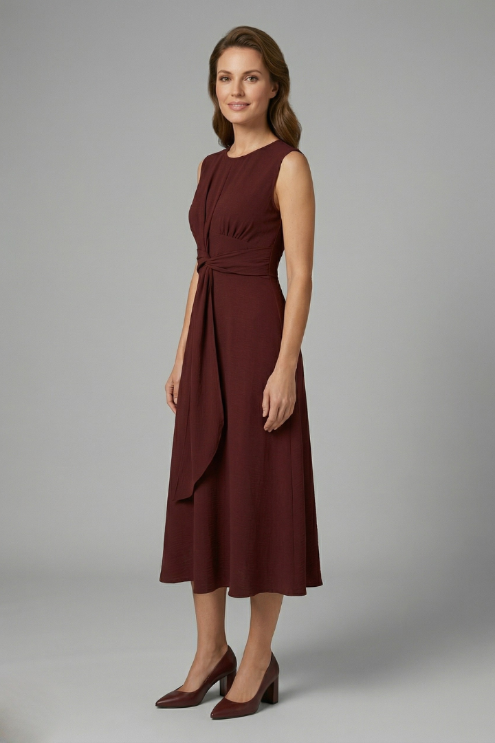 Women’s Midi Dress with Sleeveless Design and Round Neckline