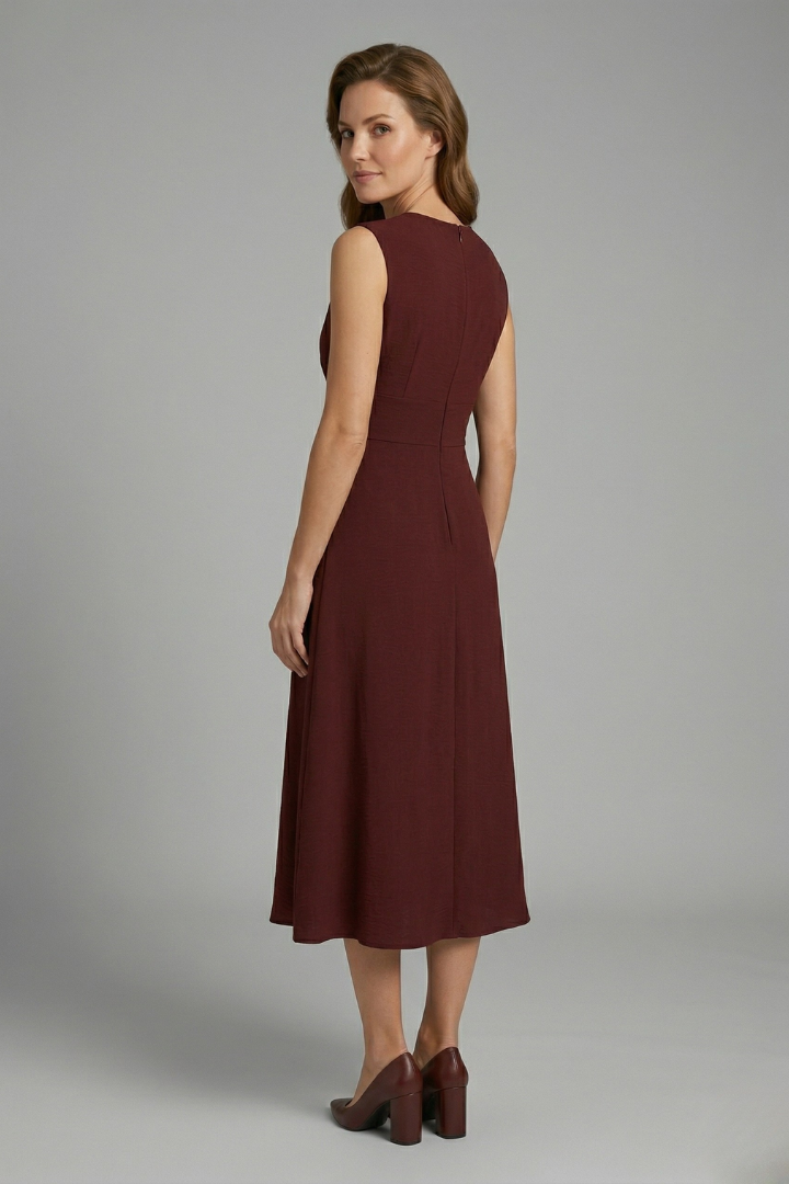 Women’s Midi Dress with Sleeveless Design and Round Neckline