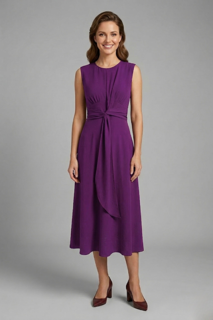 Women’s Midi Dress with Sleeveless Design and Round Neckline