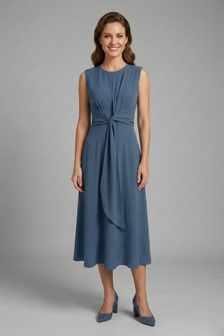 Women’s Midi Dress with Sleeveless Design and Round Neckline