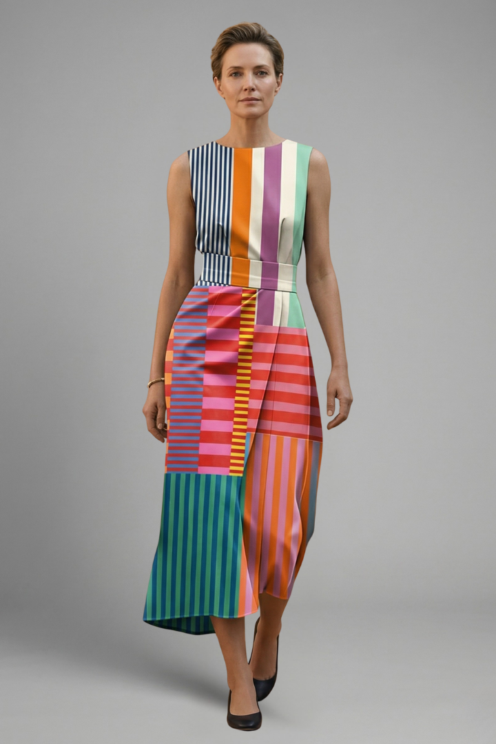 Women’s Midi Dress with Sleeveless Design and Striped Pattern