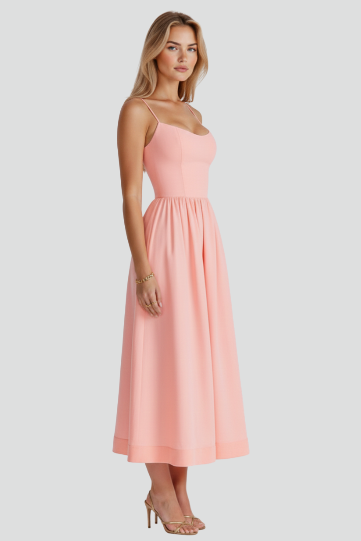 Women’s Midi Dress with Spaghetti Straps and Fitted Bodice