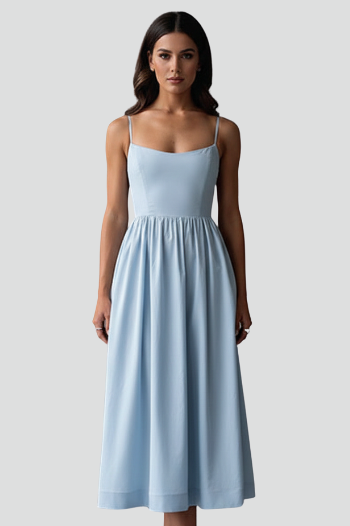 Women’s Midi Dress with Spaghetti Straps and Gathered Waist