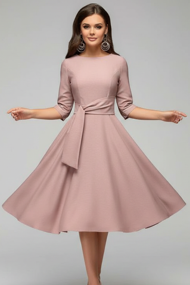 Women’s Midi Dress with Tie Waist and Three-Quarter Sleeves