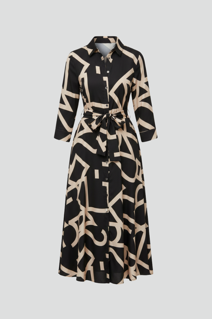 Women’s Midi Dress with Turned Collar and Waist Tie