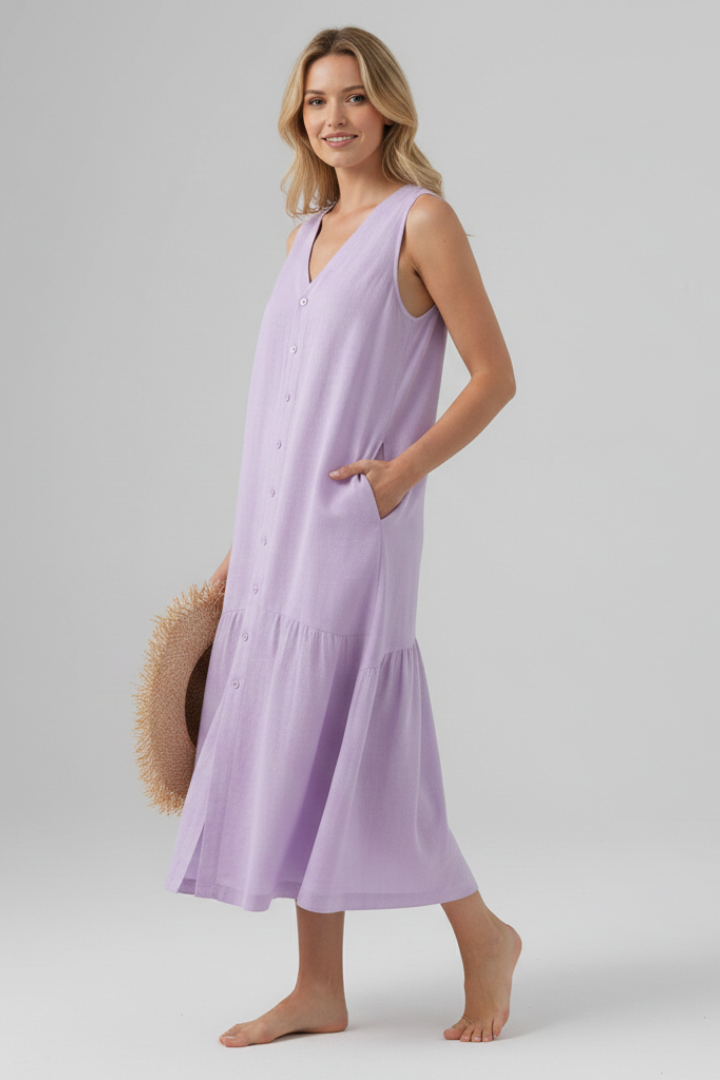 Women’s Midi Dress with V-Neck and Button Front