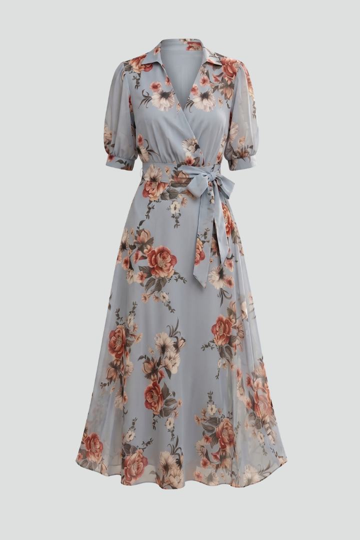 Women’s Midi Dress with V-Neck and Floral Pattern
