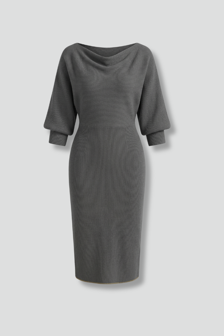 Women’s Midi Dress with V-Neck and Long Sleeves