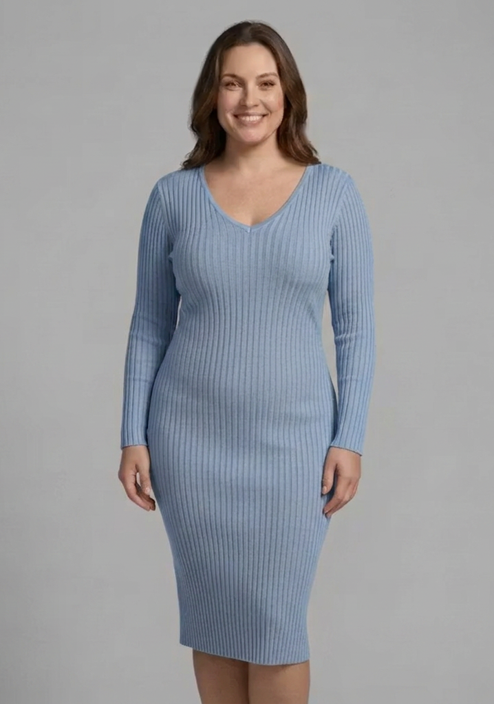 Women’s Ribbed V-Neck Long-Sleeve Bodycon Midi Dress