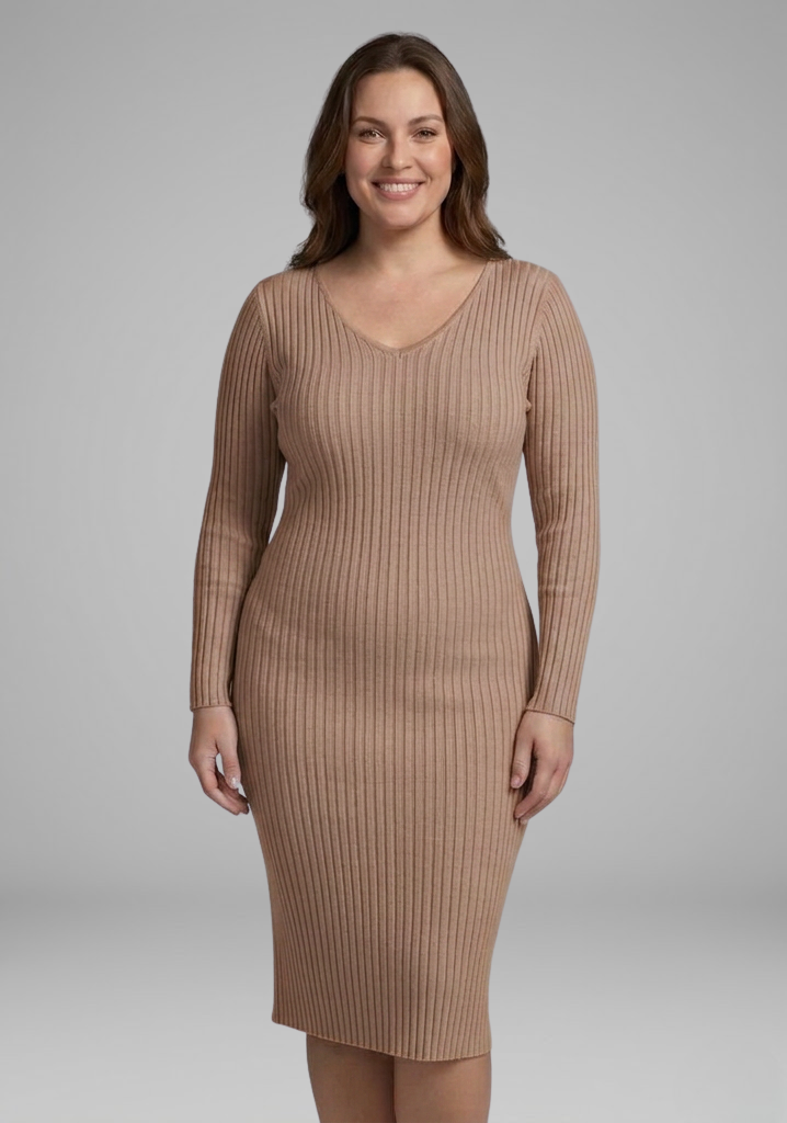 Women’s Ribbed V-Neck Long-Sleeve Bodycon Midi Dress