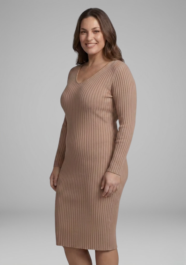 Women’s Ribbed V-Neck Long-Sleeve Bodycon Midi Dress