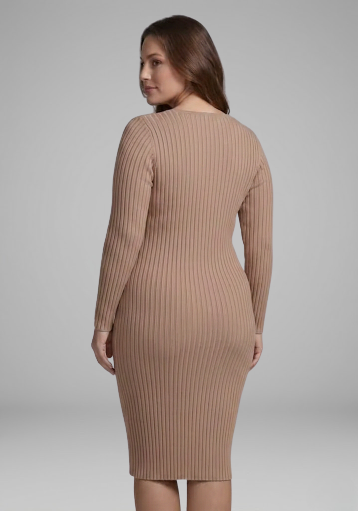 Women’s Ribbed V-Neck Long-Sleeve Bodycon Midi Dress