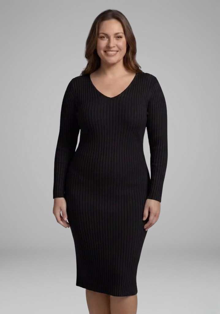 Women’s Ribbed V-Neck Long-Sleeve Bodycon Midi Dress