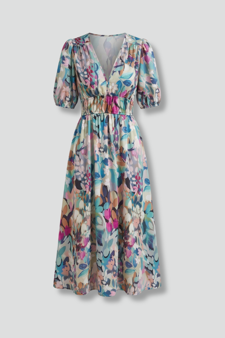 Women’s Midi Dress with V-Neck and Short Sleeves