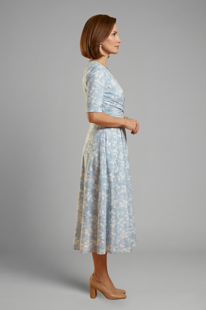 Women’s Midi Dress with V-Neckline and Side Pockets