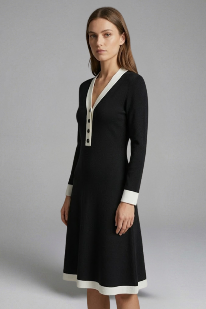 Women’s Midi Dress with V Neck and Button Detail