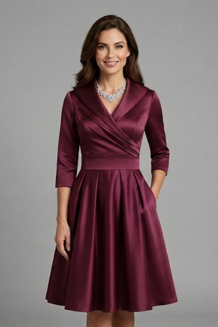 Women’s Midi Dress with V Neck and Pleated Waist