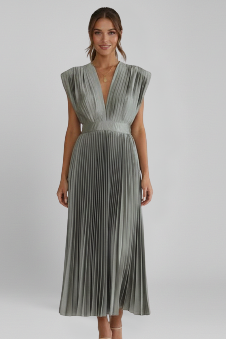 Women’s Midi Dress with V Neckline and Pleated Skirt