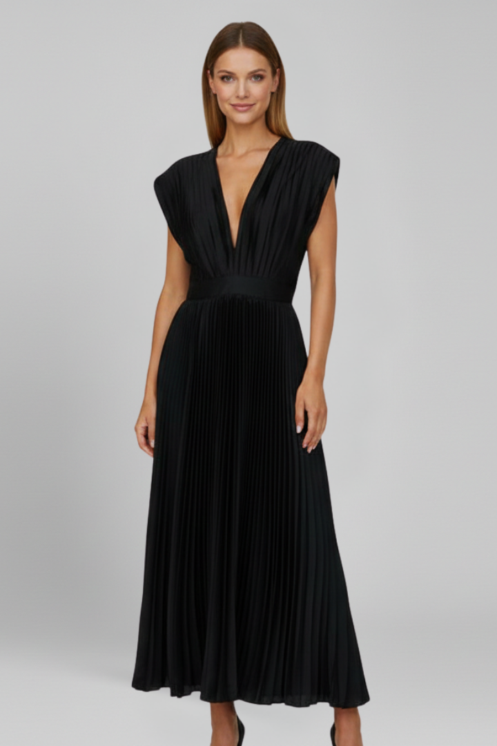 waist defined v neck midi dress for women Women's midi dress with V neckline, sleeveless design, defined waist and  pleated skirt surface