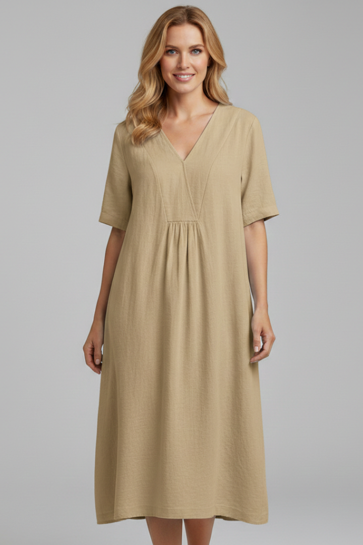 Women’s Midi Dress with V Neckline and Short Sleeves