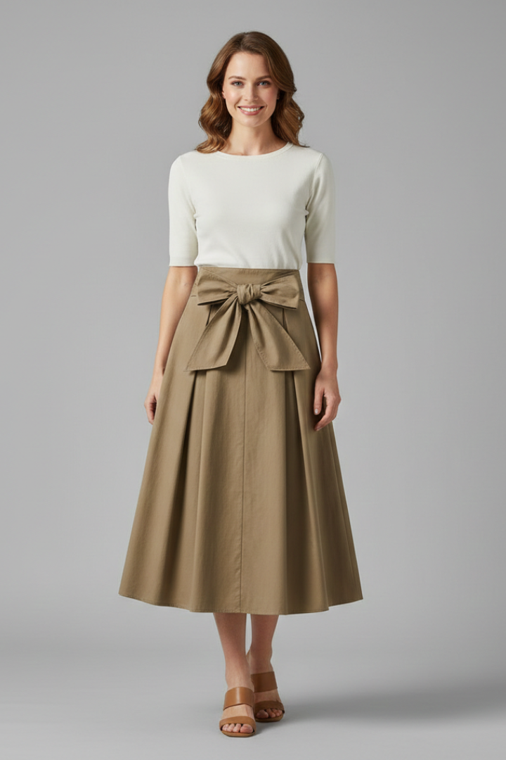 Women’s Midi Skirt with High Waist and Bow Detail