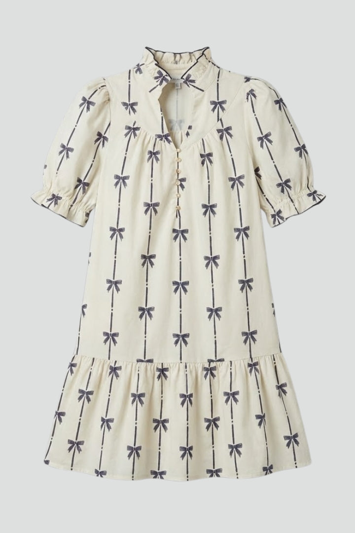 Women’s Mini Dress with Bow Print and Puff Sleeves