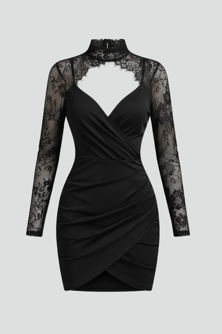 Women’s Mini Dress with High Neck and Lace Sleeves