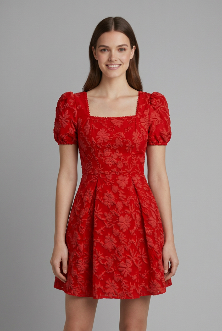 Women’s Mini Dress with Square Neckline and Puff Sleeves