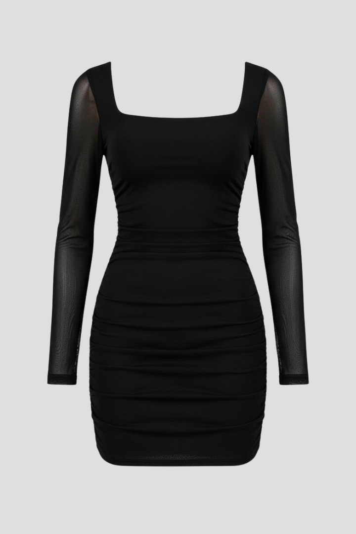 Women’s Mini Dress with Square Neckline and Sheer Sleeves