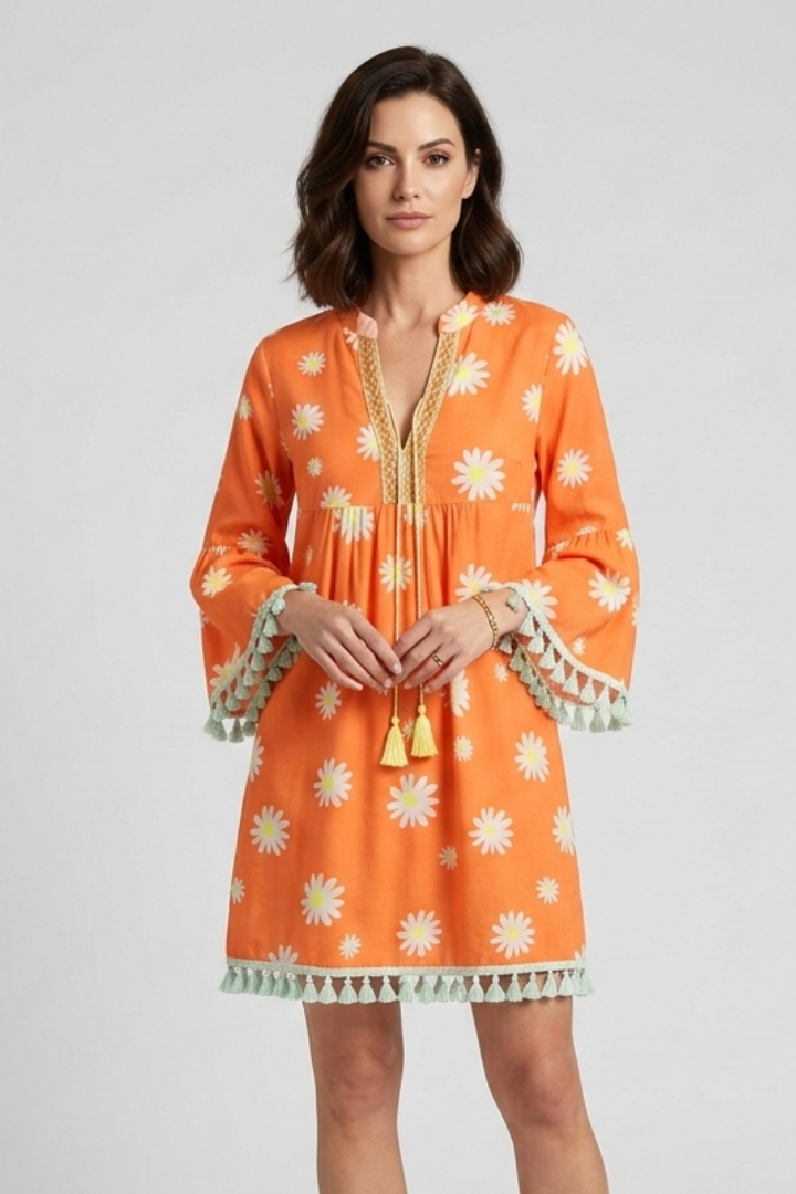 Women’s Mini Dress with V-Neck and Tassel Hem