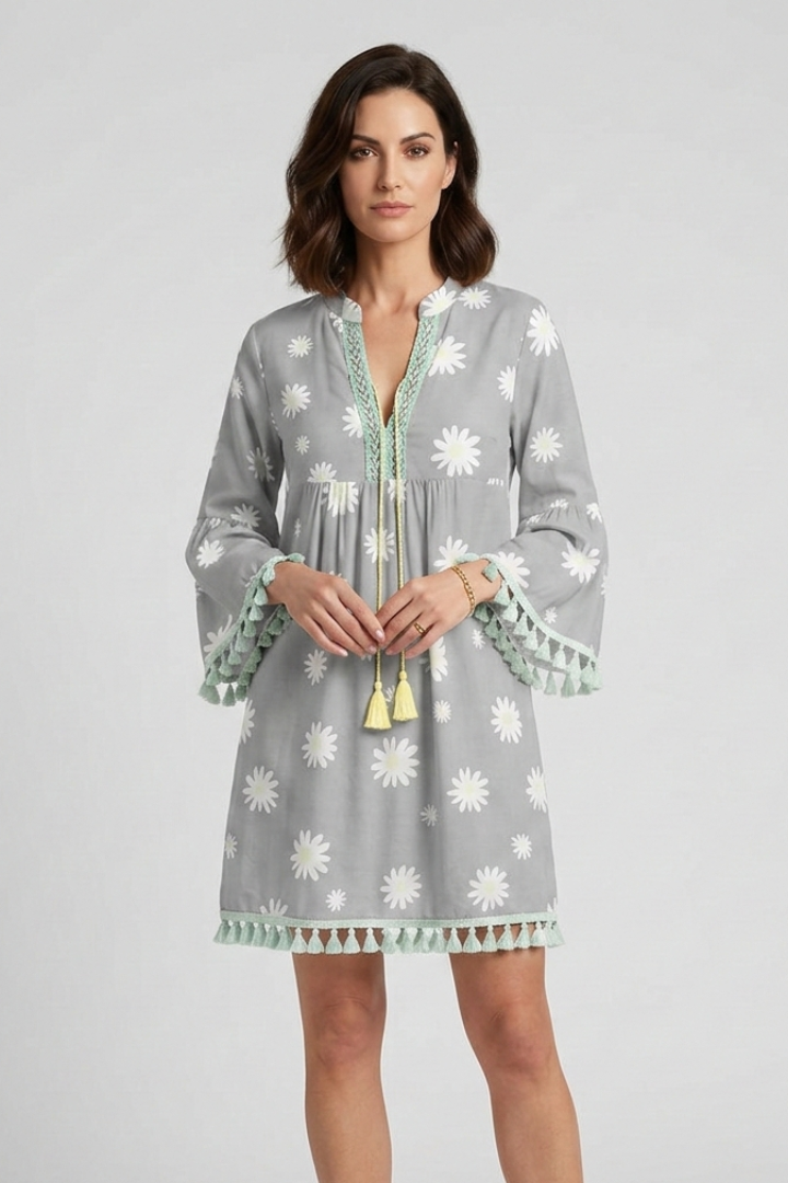 Women’s Mini Dress with V-Neck and Tassel Hem