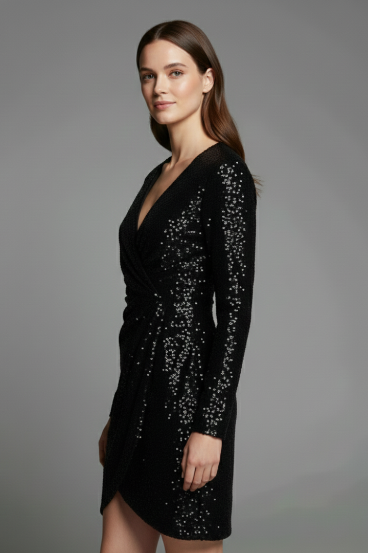 Women’s Mini Dress with V Neckline and Sequin Surface