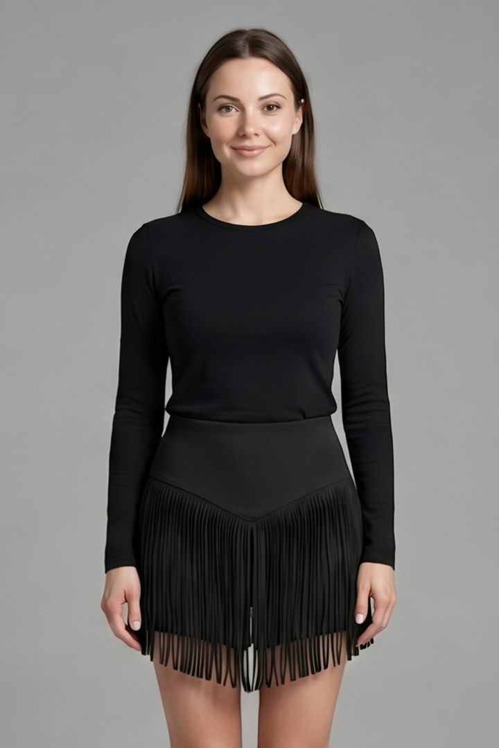 Women’s Mini Skirt with High Waist and Fringe Hem