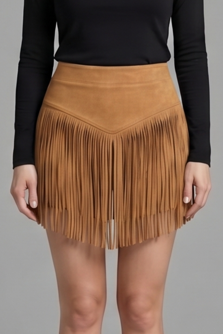Women’s Mini Skirt with High Waist and Fringe Hem